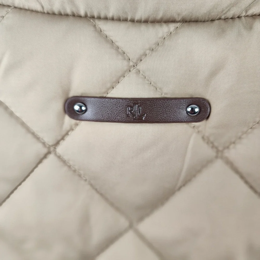 NWT Lauren Ralph Lauren Quilted‎ Vest Small Petite Regular Birch Tan Crest Patch